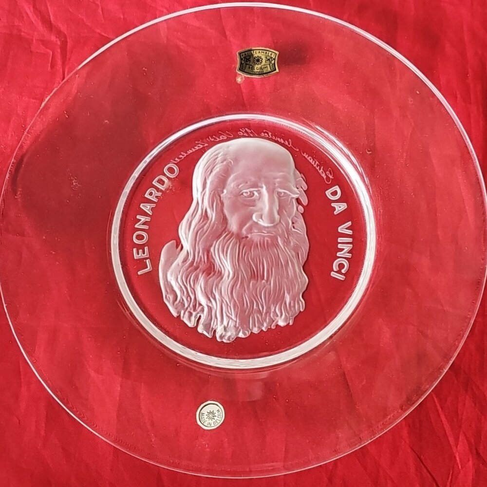 1970 Val St. Lambert Ltd. Ed. Glass Plate Da Vinci & Michelangelo set of 2